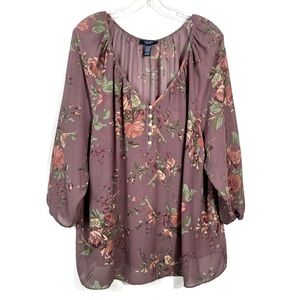 Chaps Purple Chiffon Floral Henley Button Plus Size Blouse 2X Cottagecore Sheer